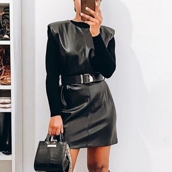 ZARA shoulder pad faux leather belted dress size L - Picture 11 of 16